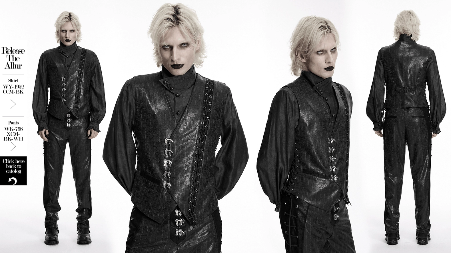 Black steampunk waistcoat side profile showing asymmetrical cut, pinstripe pattern, and adjustable lace systems