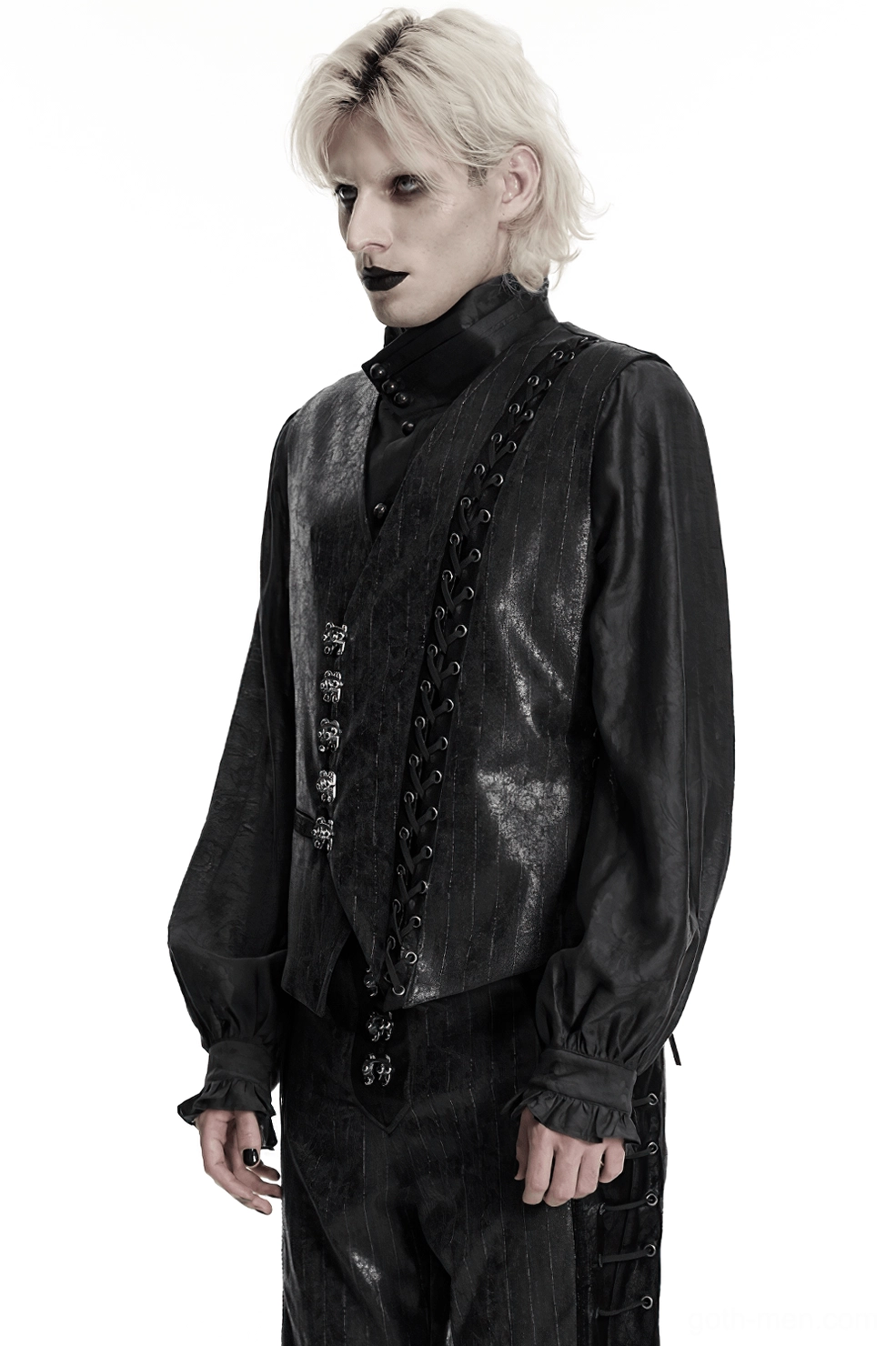 Black steampunk waistcoat textured fabric and hardware display emphasizing material quality and construction