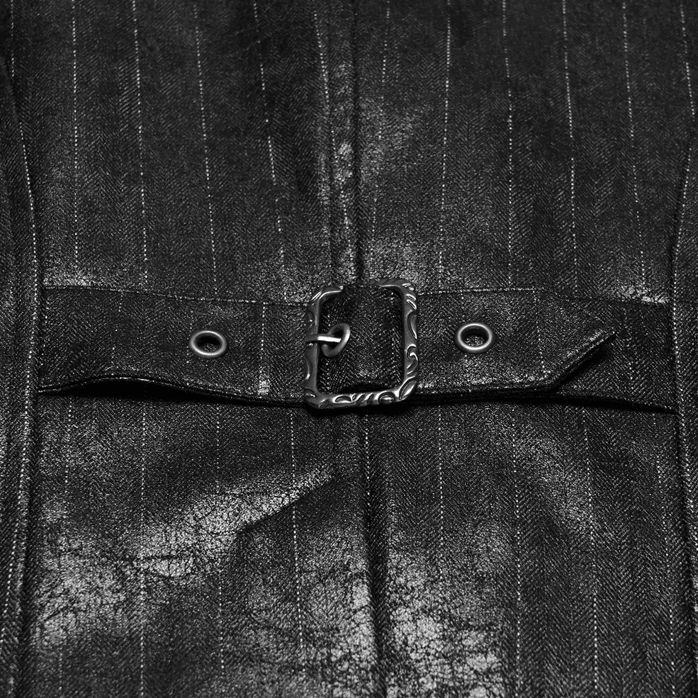 Black steampunk waistcoat styling detail showing asymmetrical V-neck construction and hardware craftsmanship