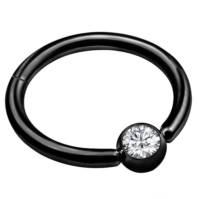 Black plated double-layer hinged segment nose clicker ring with crystal accent - front view