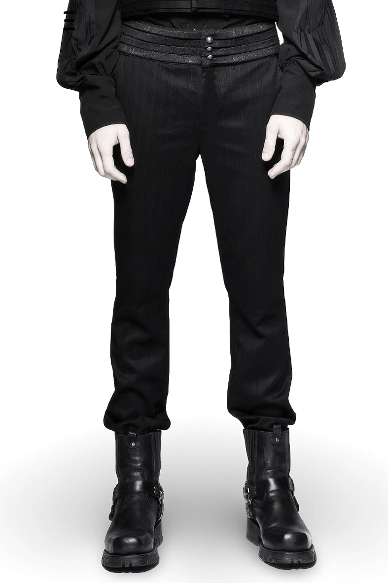 Men's black pinstripe gothic dress pants with layered waistband, front view on model, Victorian striped pattern