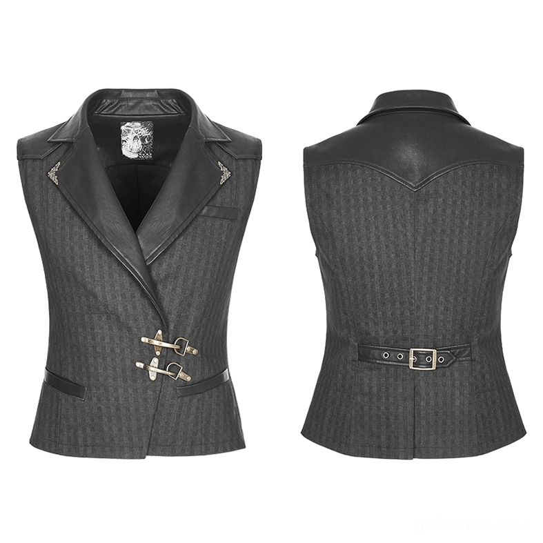Black striped gothic waistcoat flat lay front and rear view showing PU leather panels and buckle fasteners