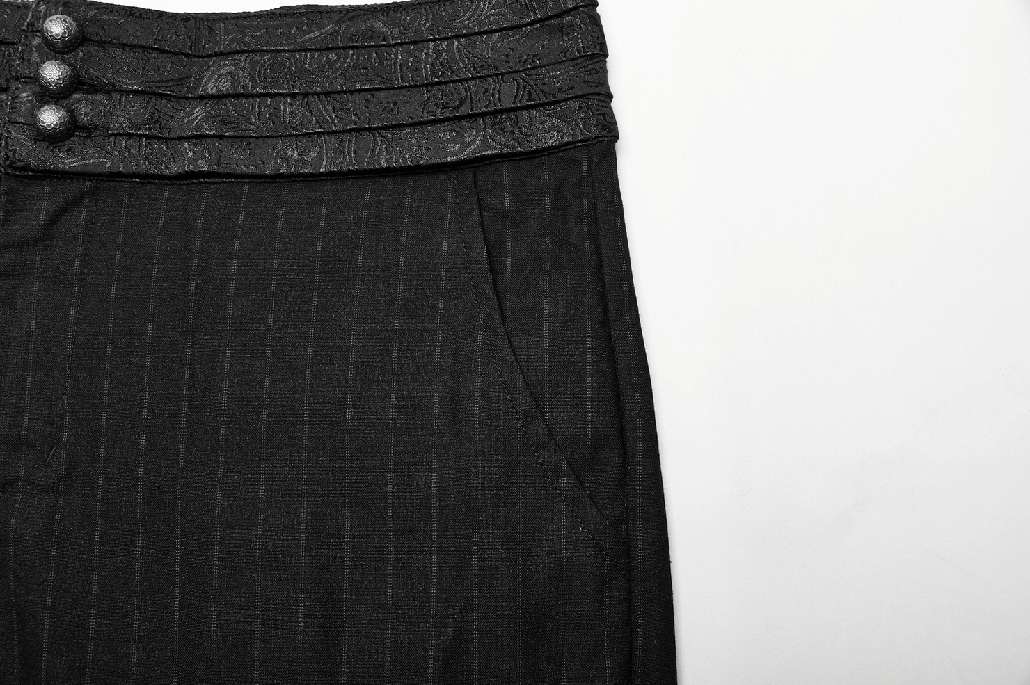 Side close-up of gothic striped pants waist and pocket, pinstripe pattern detail, fitted silhouette