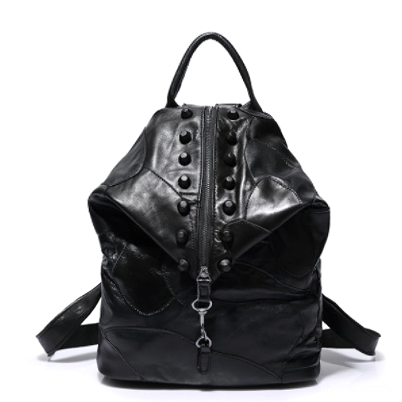 Black studded leather Gothic backpack with metal hardware, front view