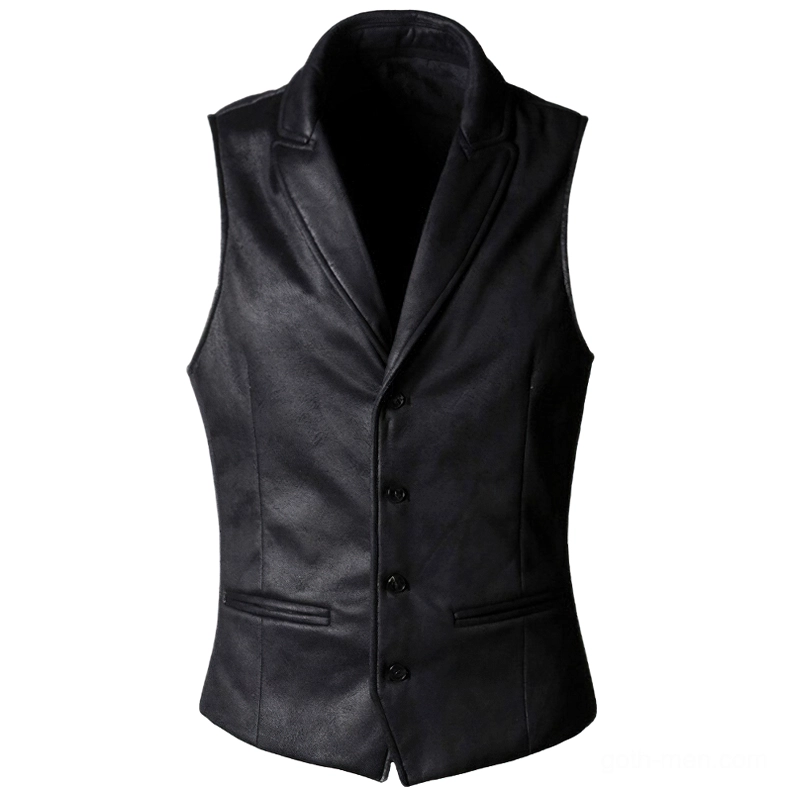Black suede gothic waistcoat flat lay front view with notched lapel and button closure
