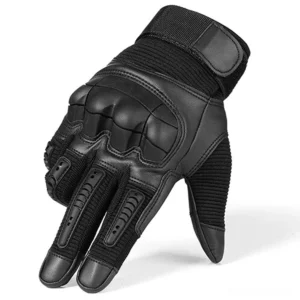 Black full finger combat gloves featuring hard knuckle guards and textured finger panels with touchscreen compatibility, studio photography