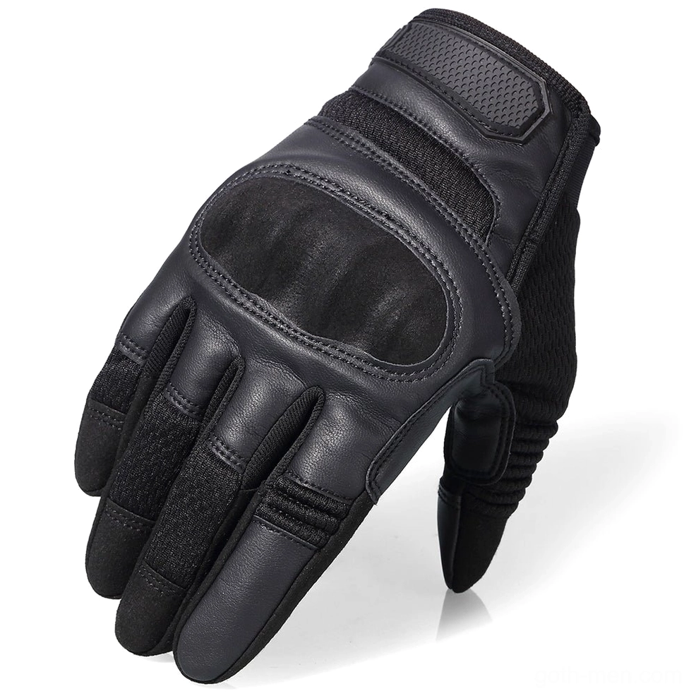 Black hard knuckle tactical combat gloves front view with reinforced knuckle pads and mesh fabric