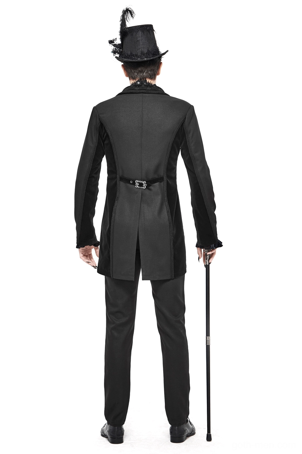Gothic tail coat back view on model with cane accessory, displaying tailored waist belt and extended tail hem design