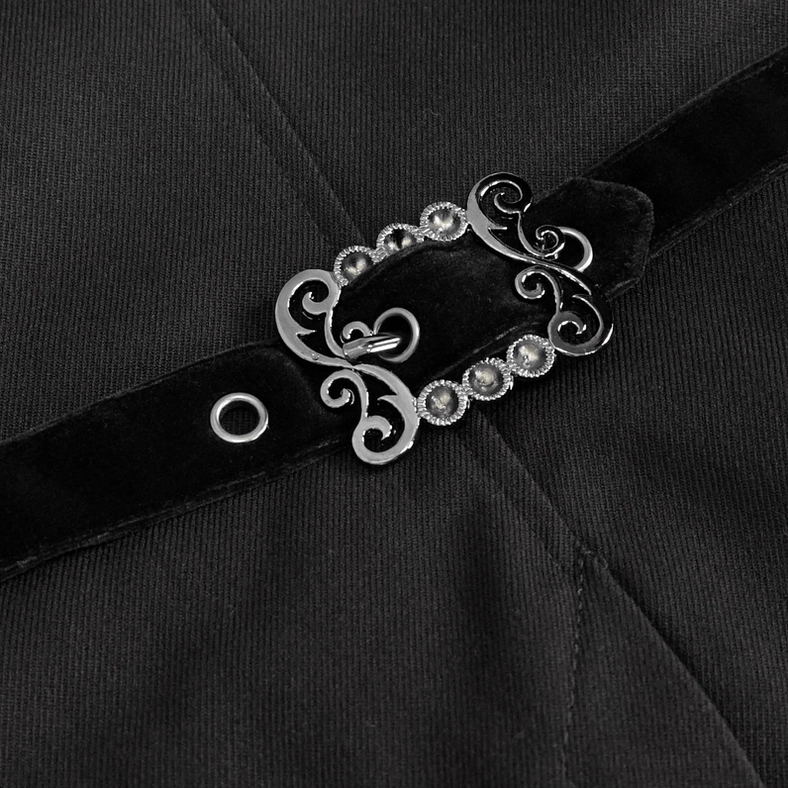 Black double-breasted gothic tail coat detail showing snap button closure and tailored panel construction