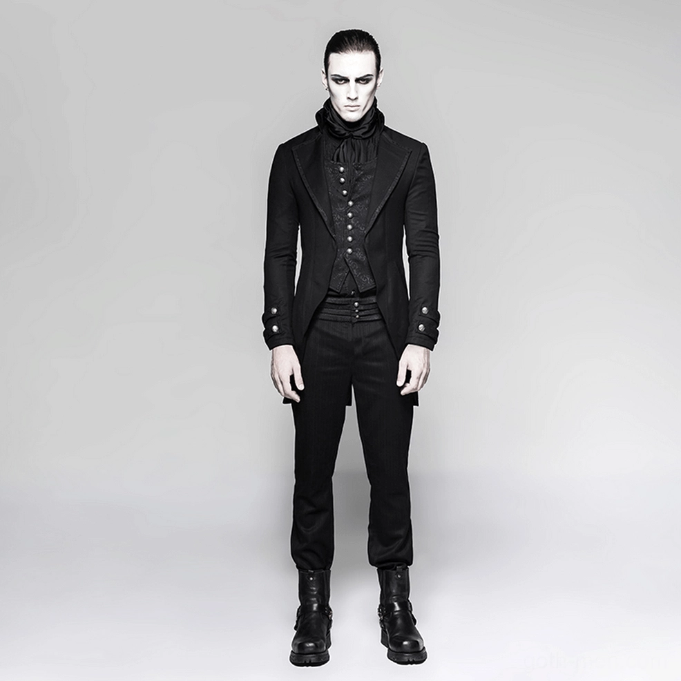 Full-body styling of black gothic tailcoat with matching boots and all-black formal ensemble
