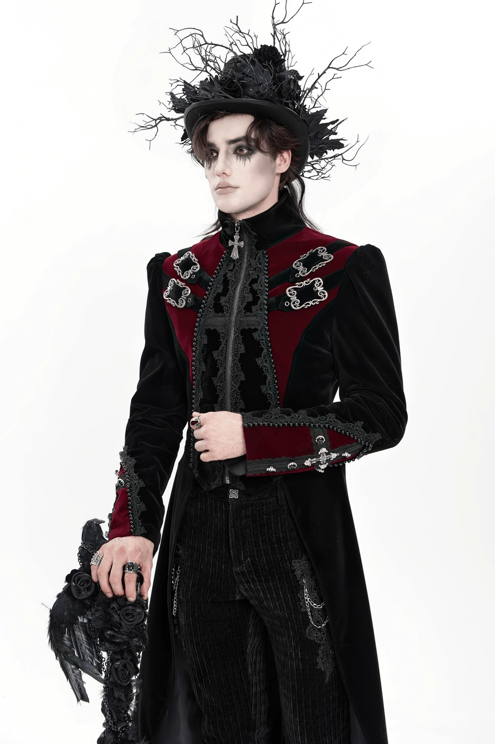 Black gothic velvet tailcoat front-facing view on male model showing complete design with lace trim and buckle details