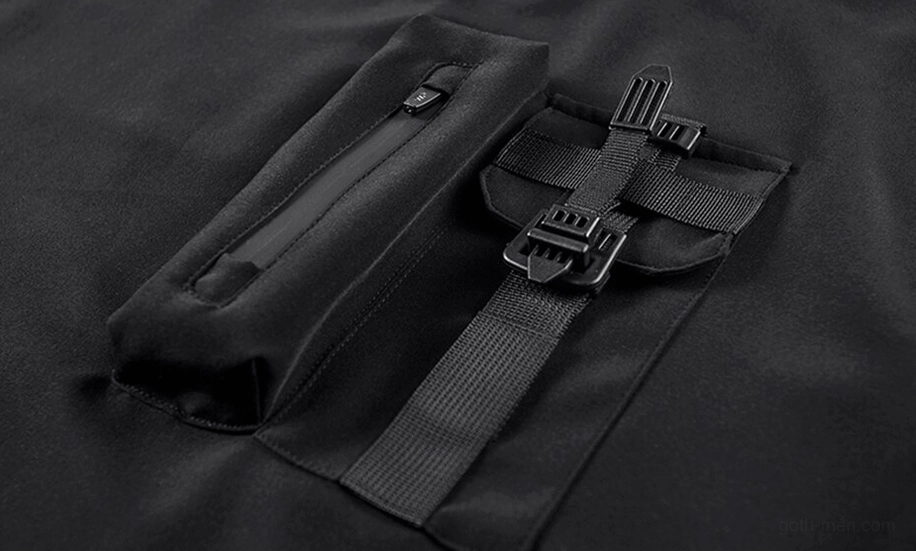 Zippered utility pocket detail with buckle strap closure on black gothic streetwear tee