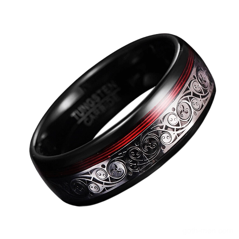 Black tungsten gothic ring with carved Celtic pattern and red stripe detail, side top view showing band width and depth
