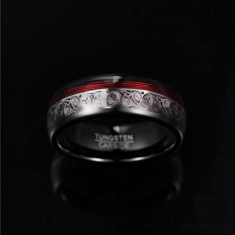 Black tungsten steel gothic ring complete band with Celtic pattern face and inner engraving, front top view on black background