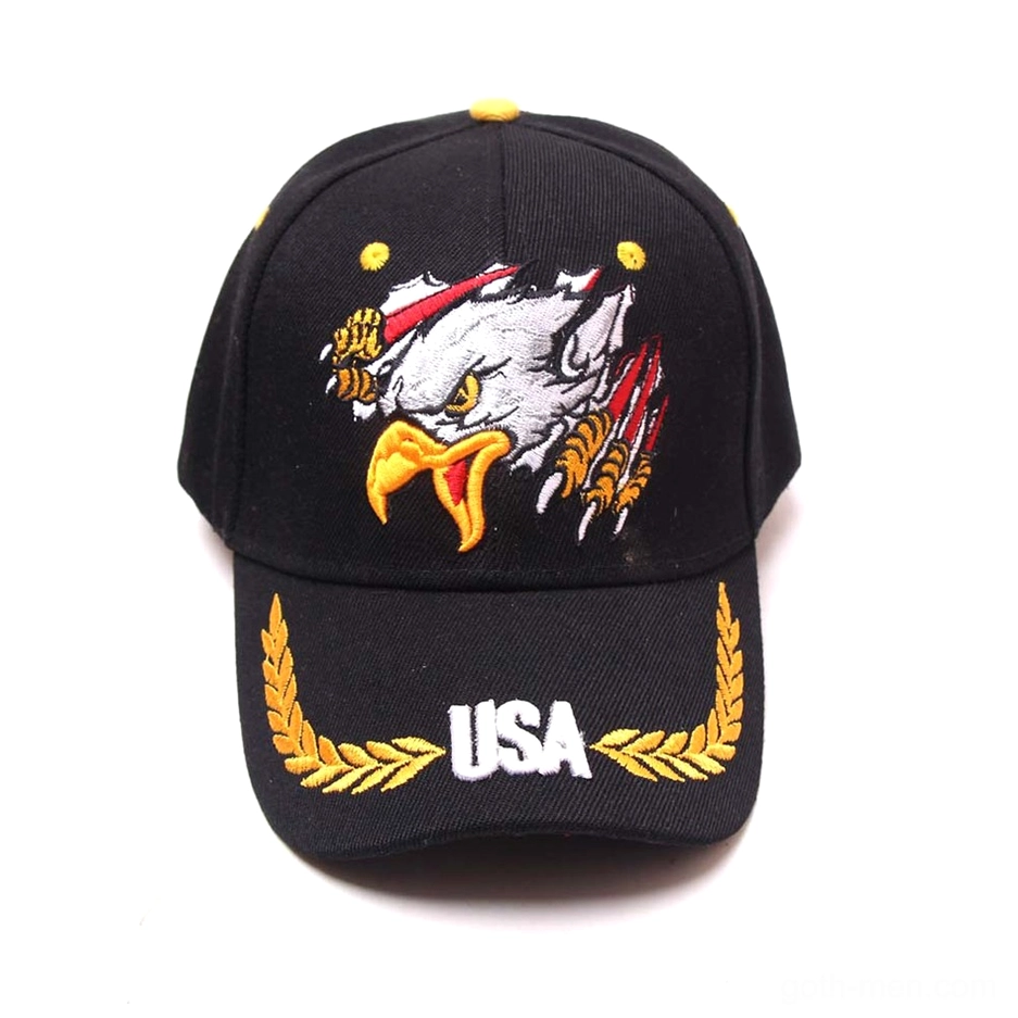 Black gothic eagle military cap with USA embroidery, top-down front view showing emblem placement and embroidery detail