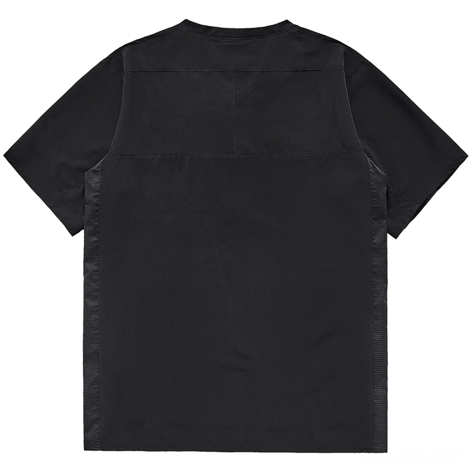 Black oversized tactical tee back view showing reinforced seam yoke and textured side stripe details