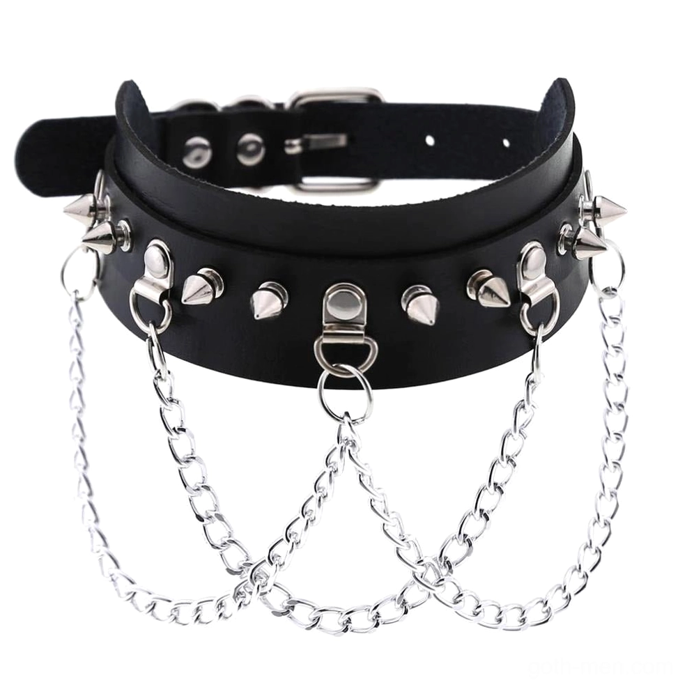 Black vegan leather spiked gothic choker with multi-layer zinc alloy chains, front flat lay view showcasing cone spikes and adjustable buckle