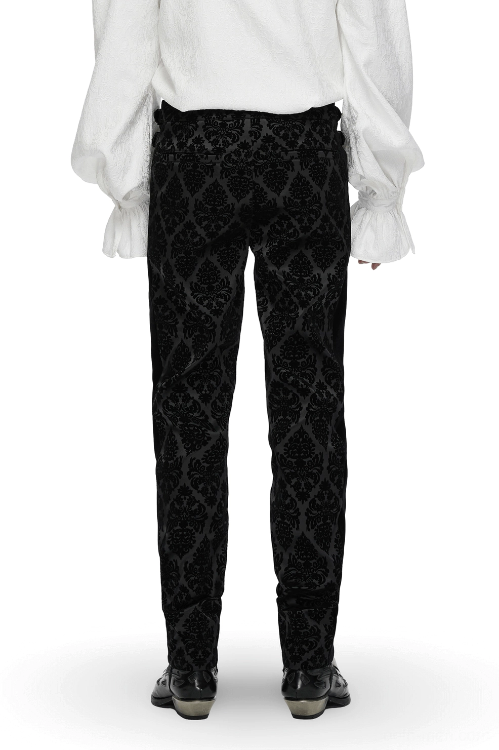 Black velvet damask gothic pants rear view showing fitted silhouette and high-waisted cut design
