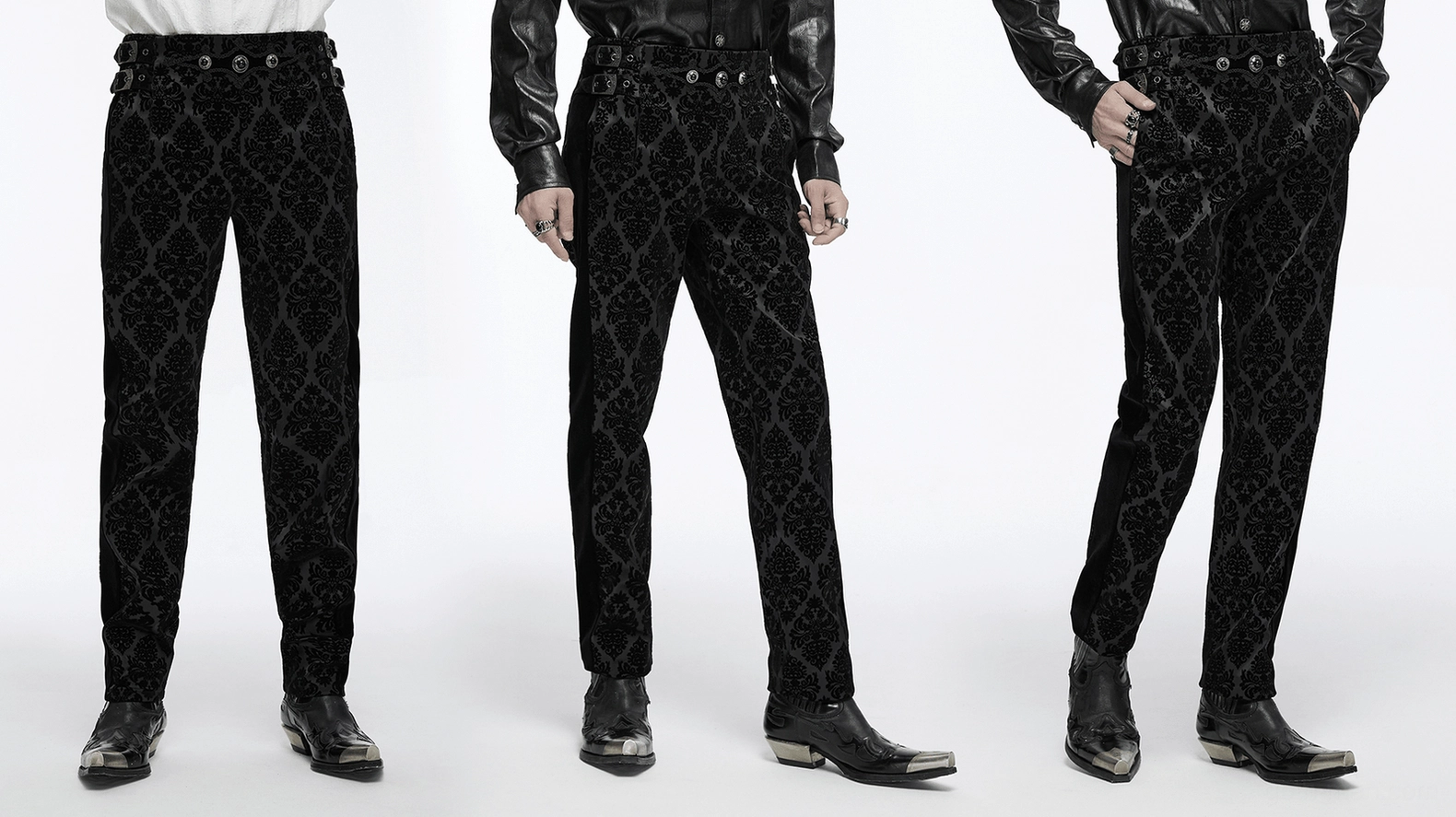 Black velvet damask gothic pants showing premium fabric quality and ornate embellishment placement