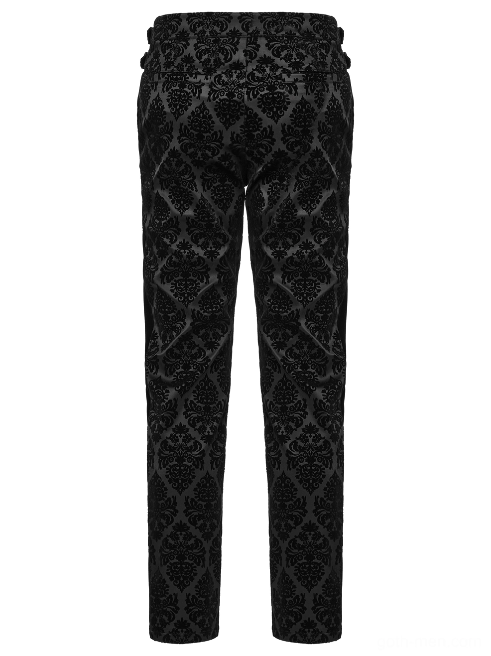 Black velvet damask gothic pants rear flat view highlighting high-waisted cut and ornate damask flocking