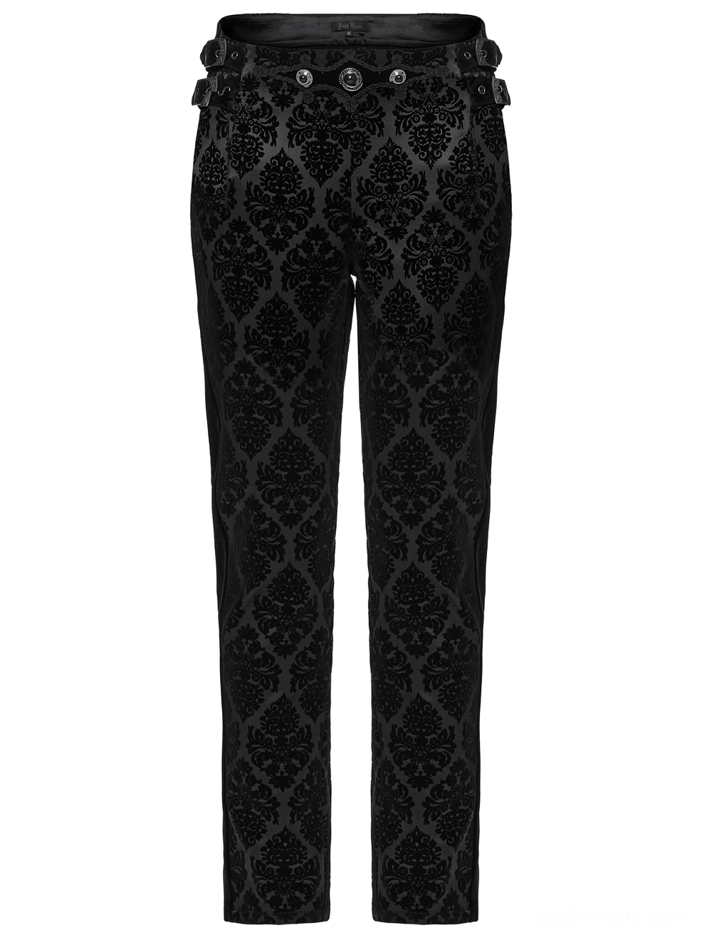 Black velvet damask gothic pants rear flat view showing waist fixtures and flocked texture design