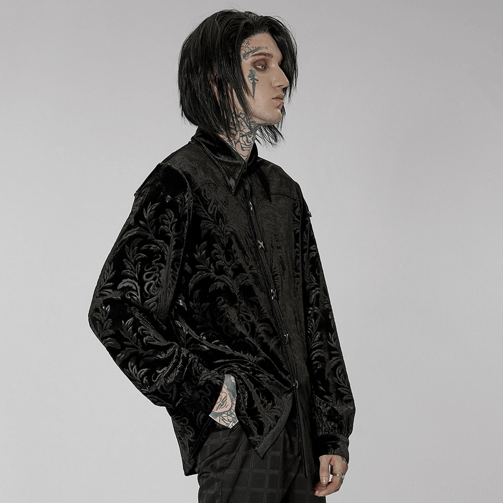 Alternative front angled view of black velvet gothic shirt with emphasis on damask embossing luminosity and cross button placement
