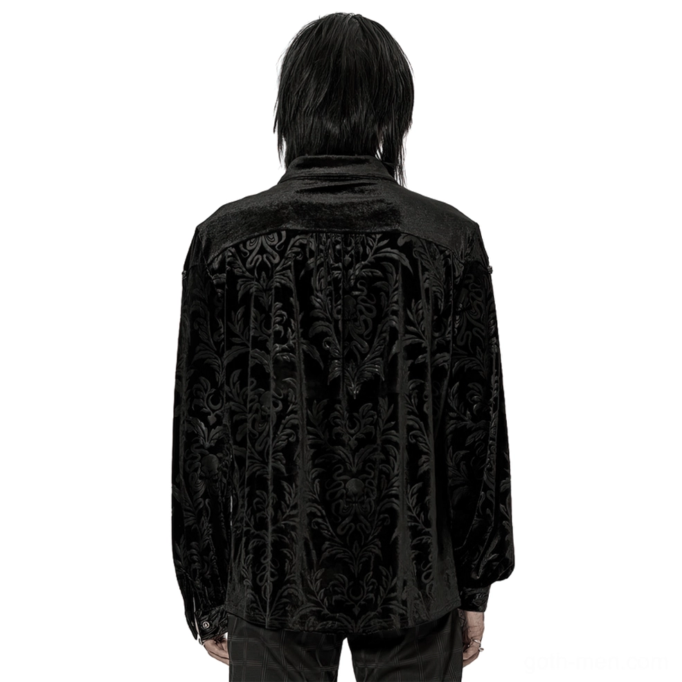 Back view of black velvet gothic shirt with yoked design and all-over embossed damask pattern detail