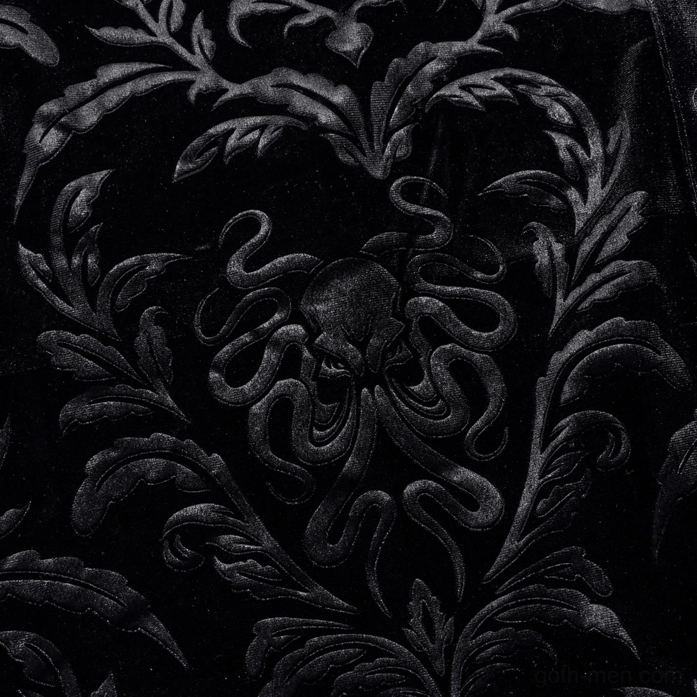 Black velvet damask gothic shirt collar detail highlighting premium stitching and embossed damask texture quality