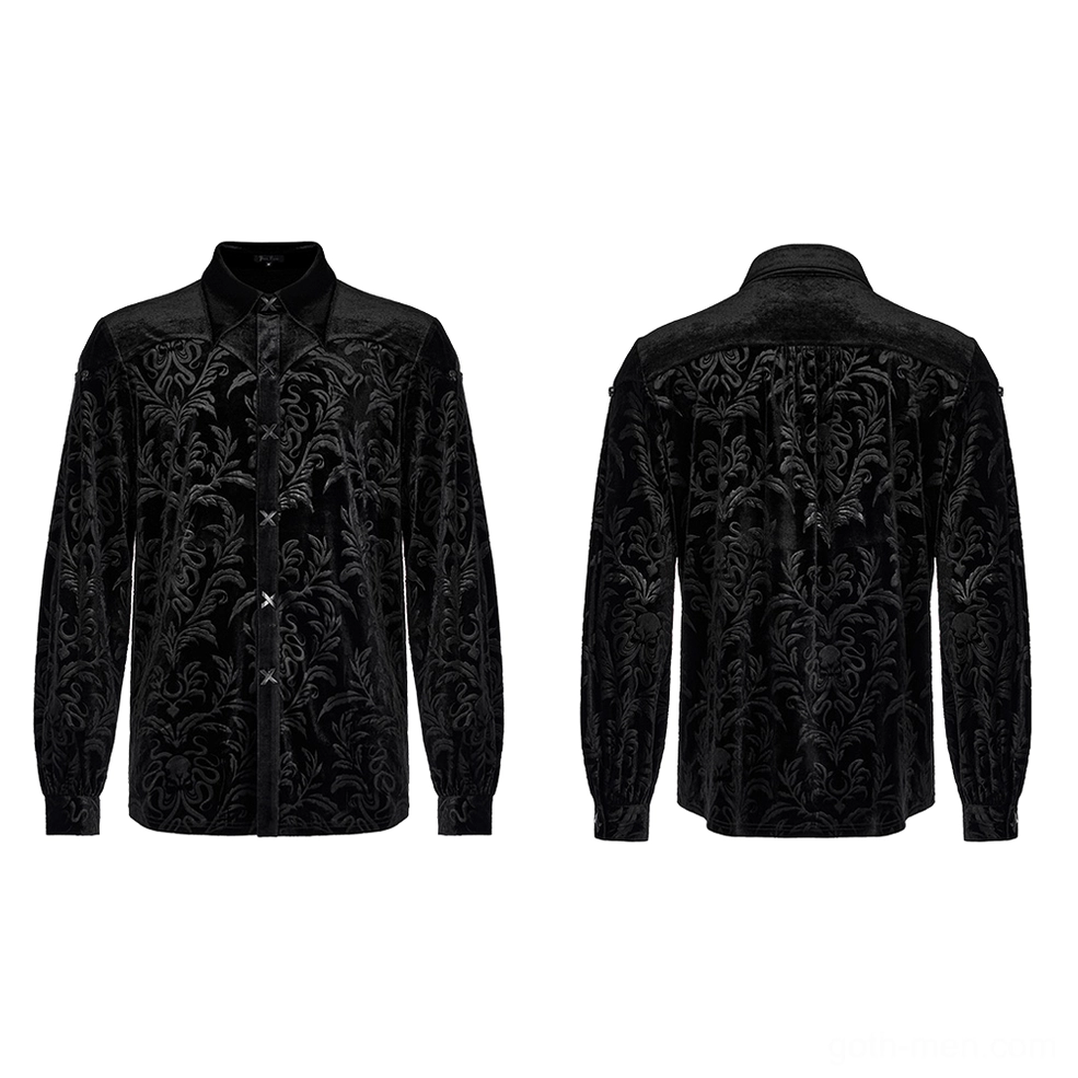 Front and rear flat lay comparison of black velvet gothic damask shirt with classic point collar and cross fasteners