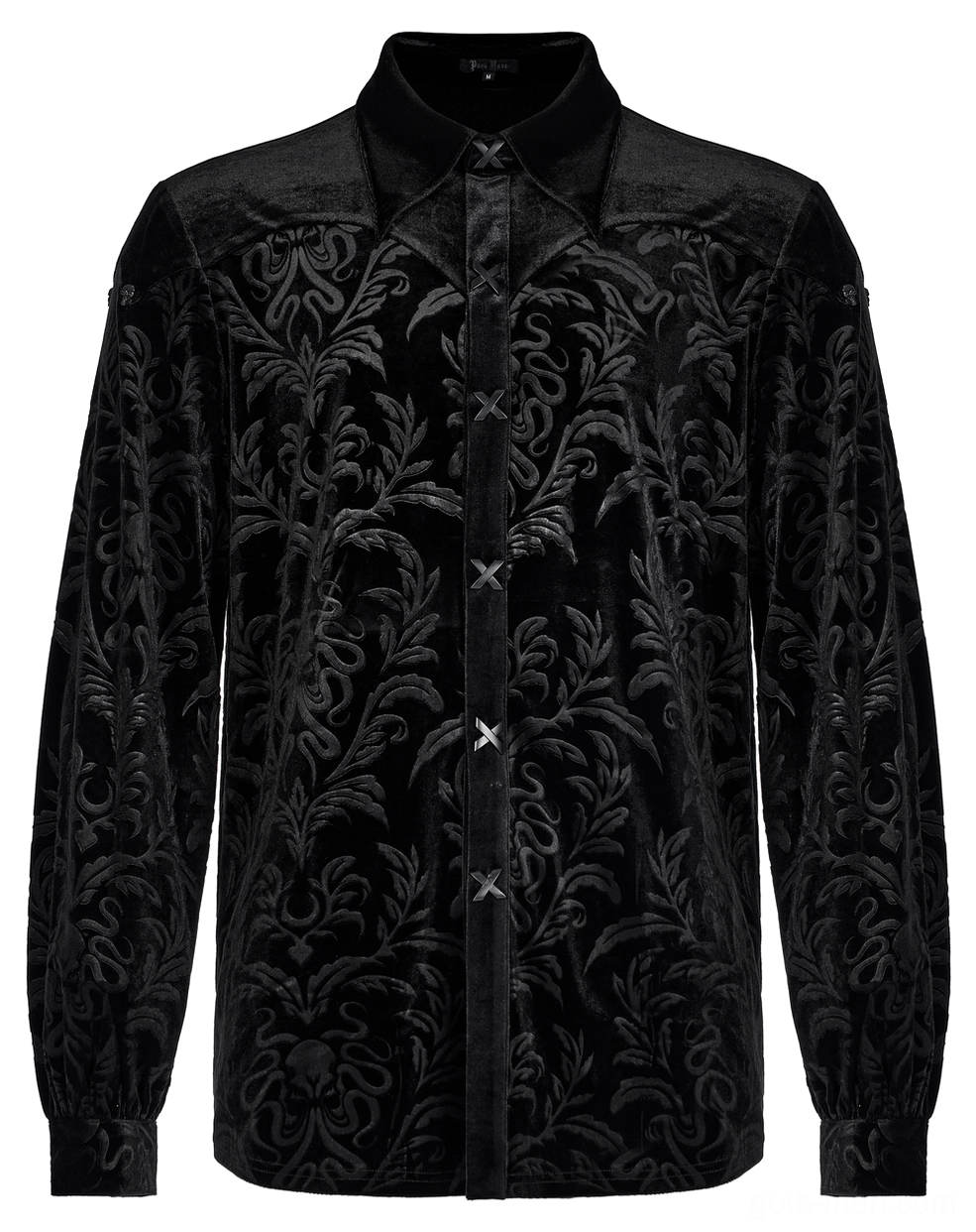 Full-length front flat lay view of black velvet damask gothic shirt showing complete embossed pattern and proportions