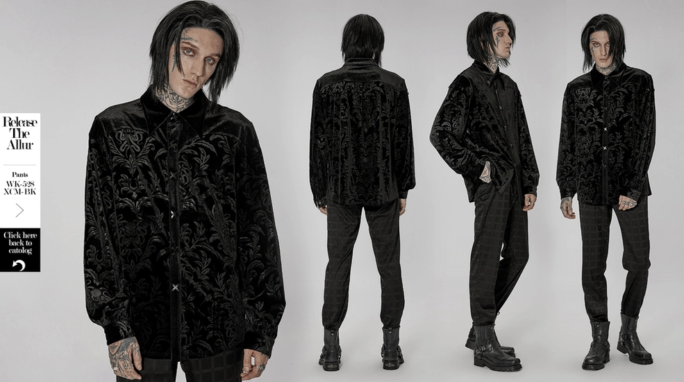 Lifestyle product image of black velvet damask gothic shirt perfect for goth nightlife, alternative fashion events, and casual wear