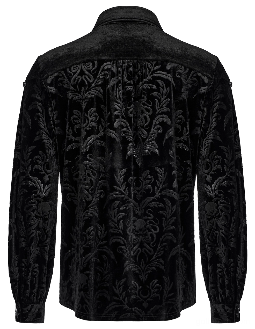 Rear flat lay view of black velvet gothic shirt with detailed yoked back panel and damask embossed pattern