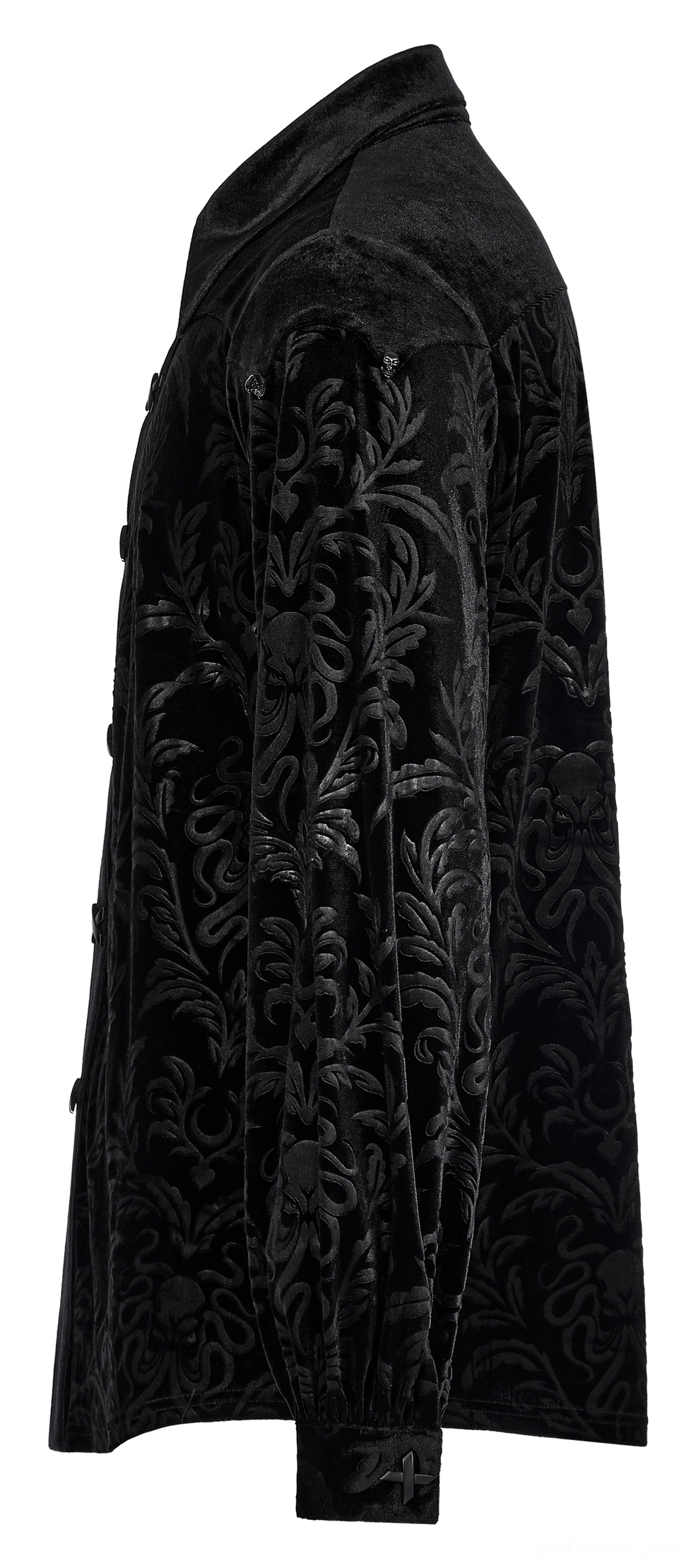 Side profile flat lay view of black velvet damask gothic shirt displaying slim tailored cut and soft velvet fabric texture