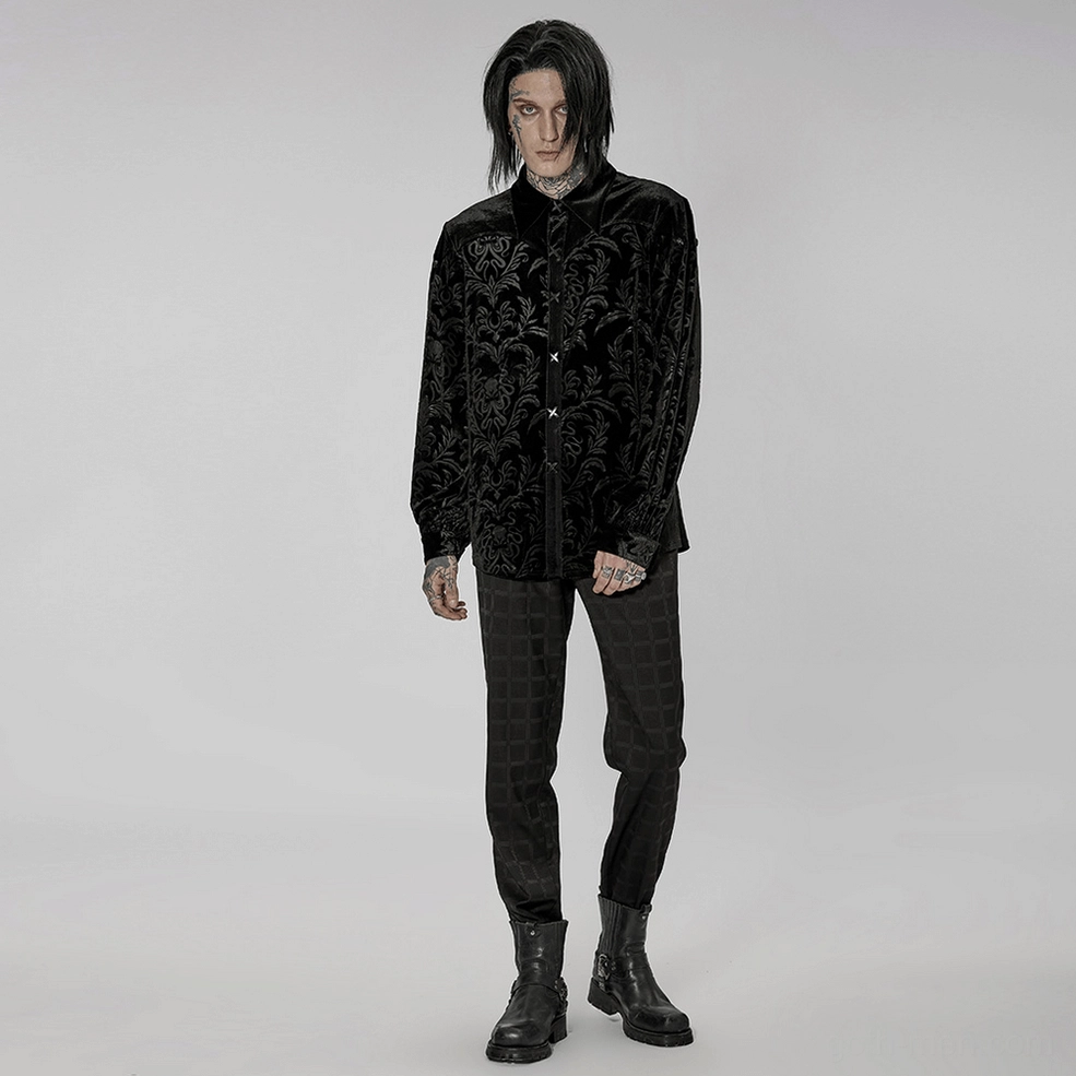 Black velvet damask gothic shirt sleeve and shoulder construction showing tailored fit and embossed pattern continuity