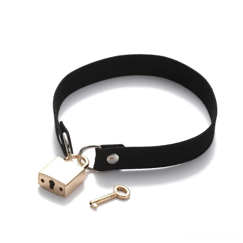 Black velvet gold lock choker with gold padlock and small key detail - luxe gothic necklace