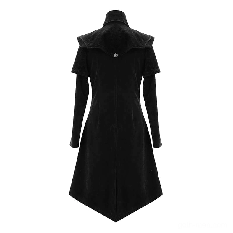 Black velvet gothic coat mannequin back view displaying stand collar and solid damask velvet construction