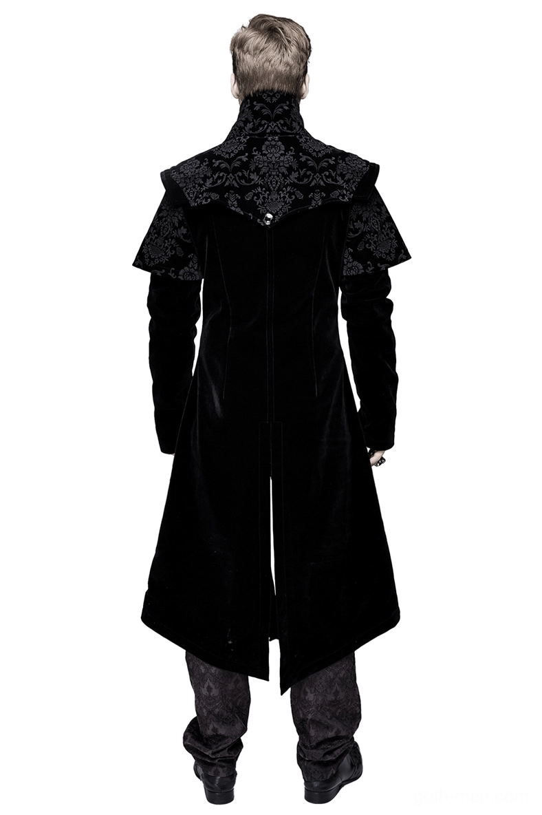 Black velvet gothic coat back view showing jacquard floral shoulder yoke and asymmetrical split hem design