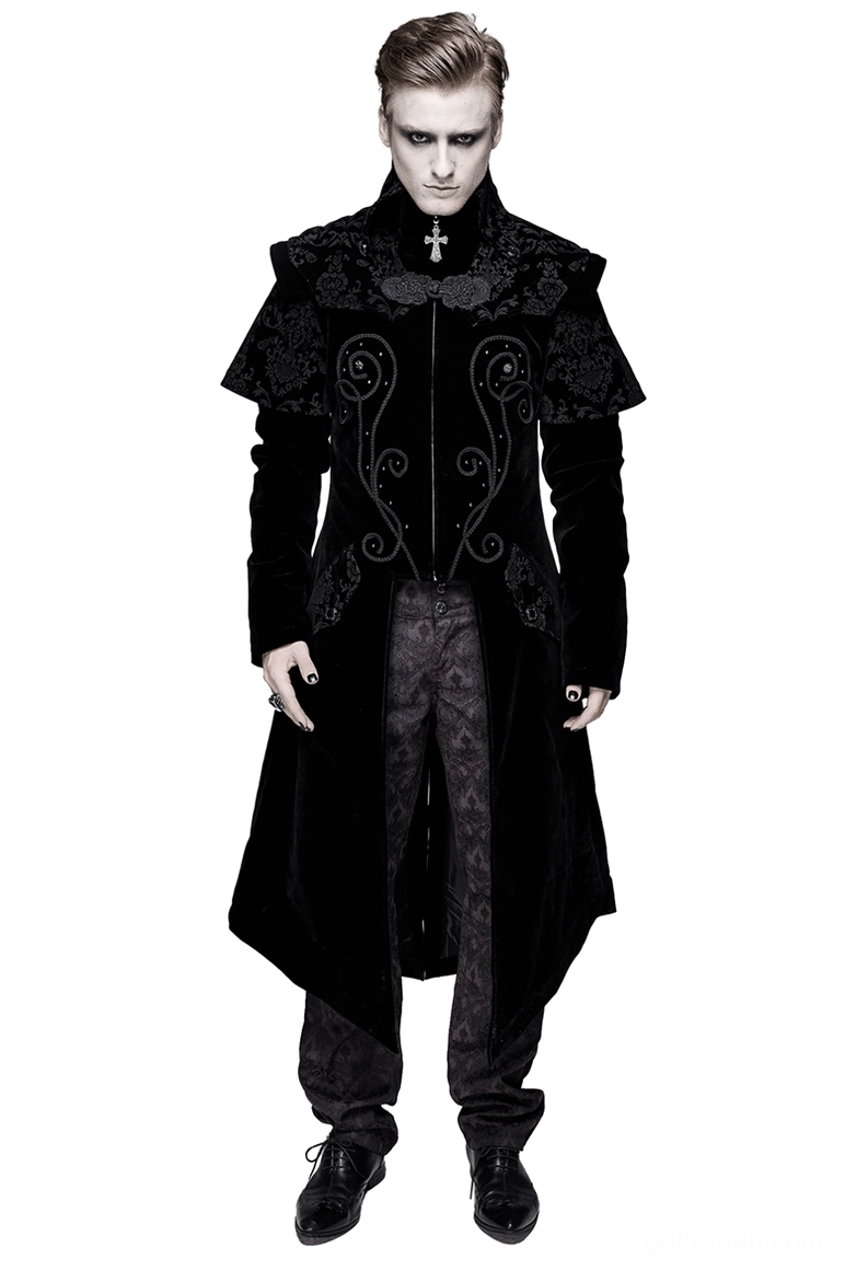 Black velvet gothic long coat front view on male model with removable cross collar and embroidered Celtic knot panels
