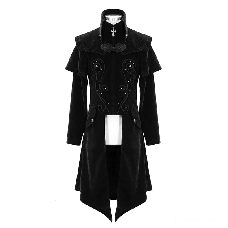 Black velvet gothic long coat mannequin display front view with ornate metal zipper and removable cross collar pendant