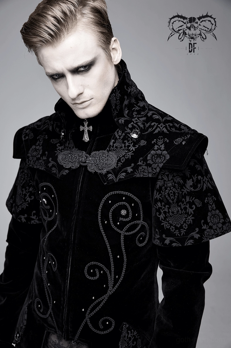 Black velvet gothic long coat full-length model view displaying elegant drape and asymmetrical hemline design