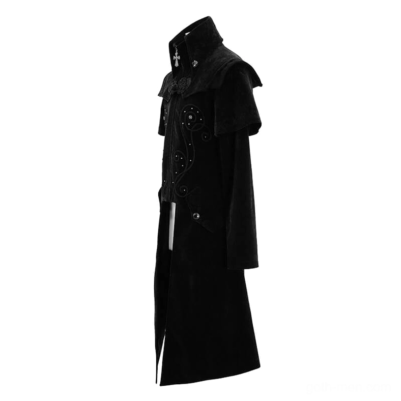 Black velvet gothic coat side view showcasing front metal zipper embroidered panels and side split hem detail