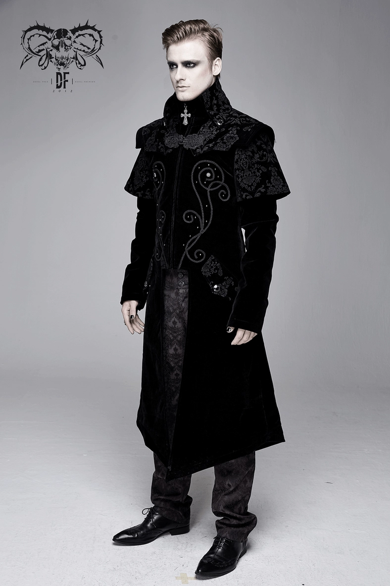 Black velvet gothic long coat layered styling suggestion with Victorian-inspired accessories and alternative aesthetic