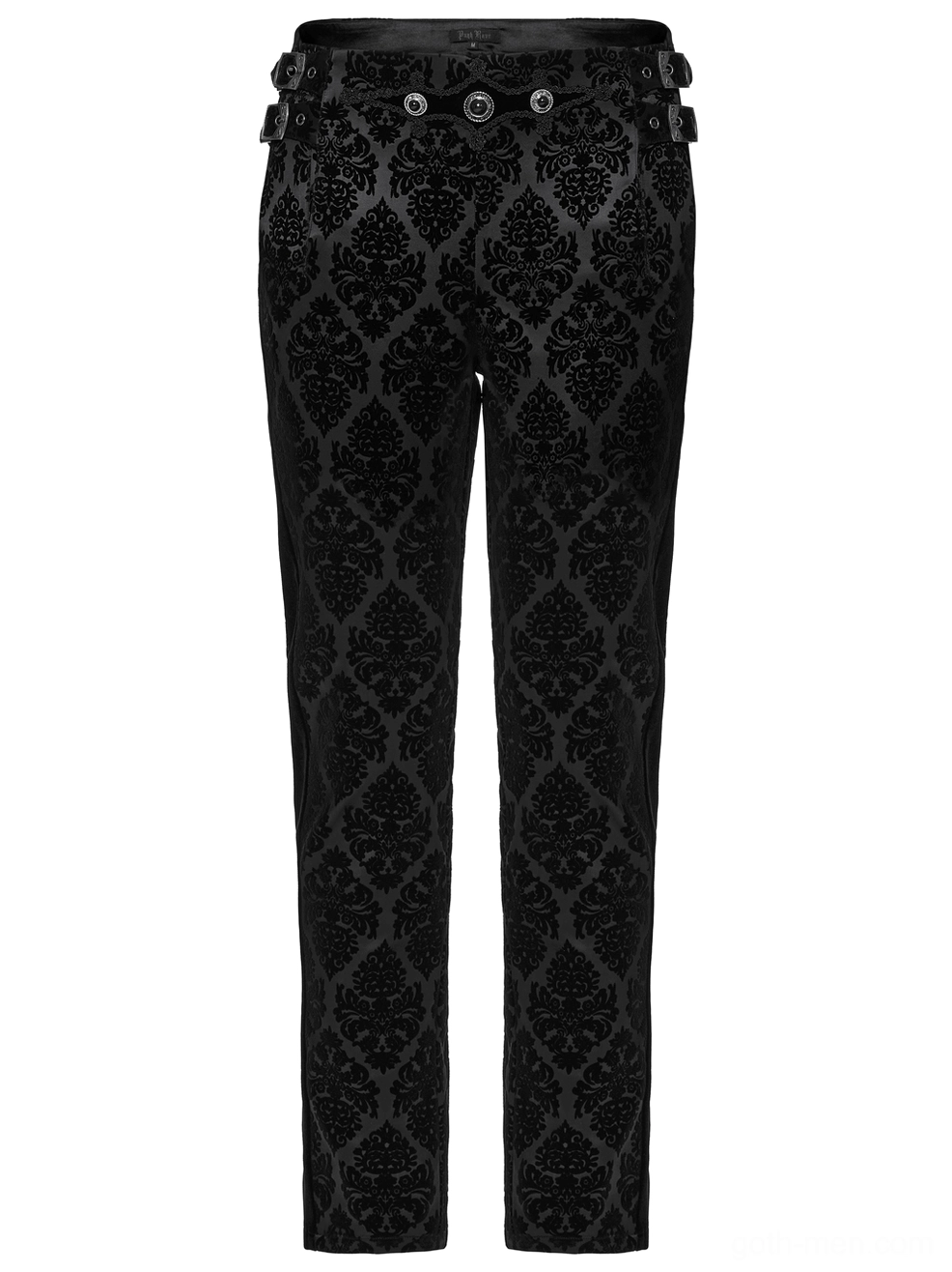 Black velvet gothic pants front flat view with side adjustment straps and damask flocked pattern detail