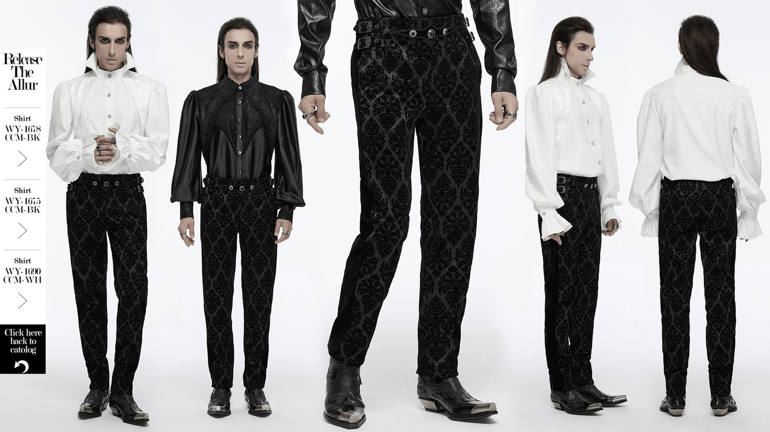 Black velvet gothic suit pants full front view displaying decorative damask flocking and gemstone-adorned waist