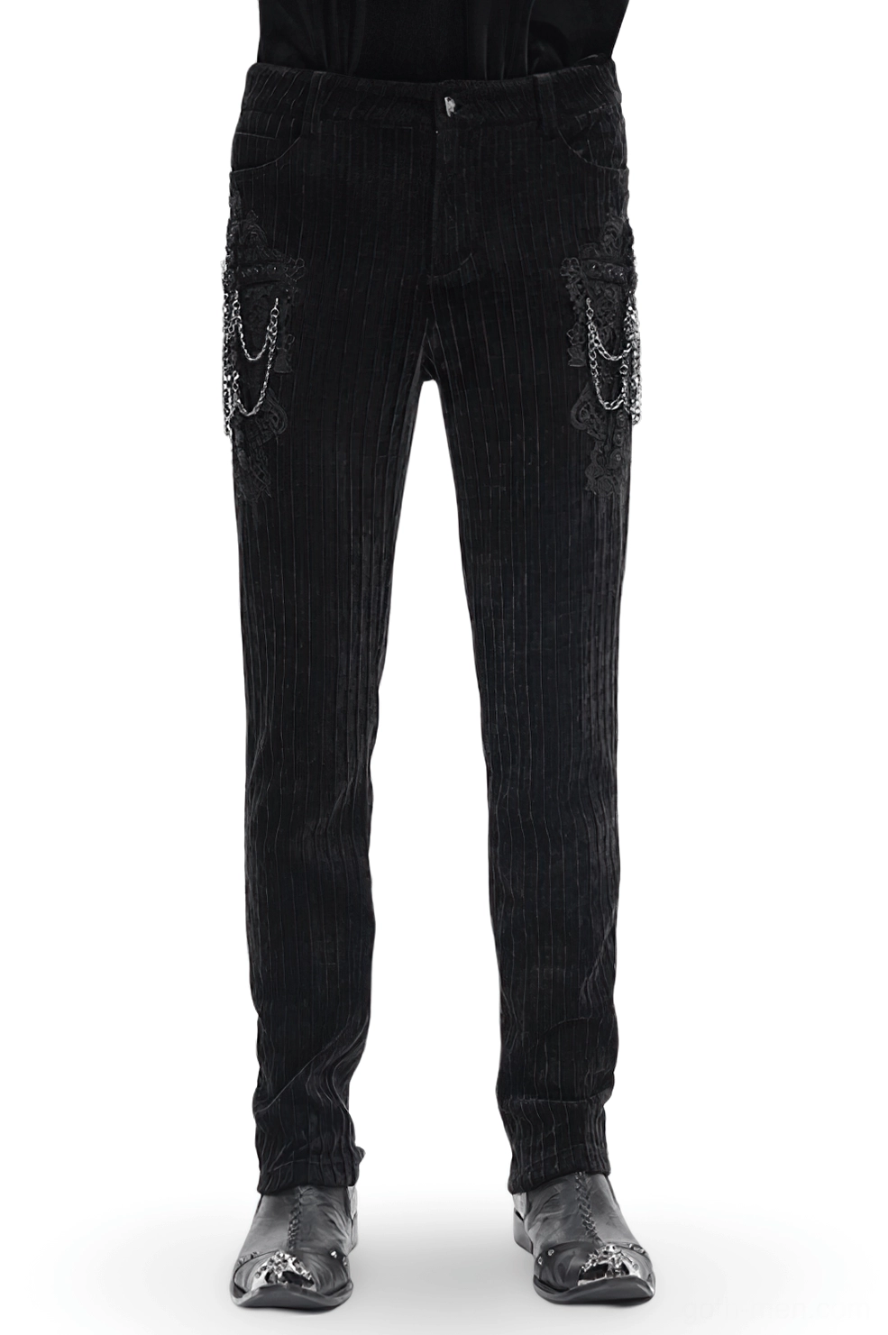 Black velvet gothic slim fit pants with embroidered cross and silver chain details - front full view on male model