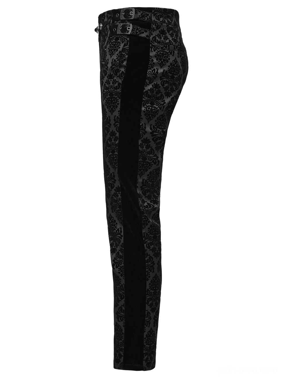 Black velvet gothic suit pants side view showing contrast velvet stripe and side buckle embellishments
