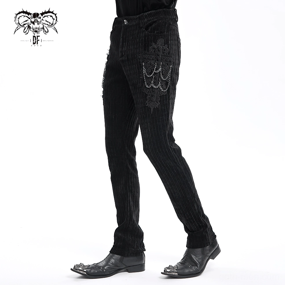 Black velvet gothic trousers fitted silhouette - rear three-quarter view on male model