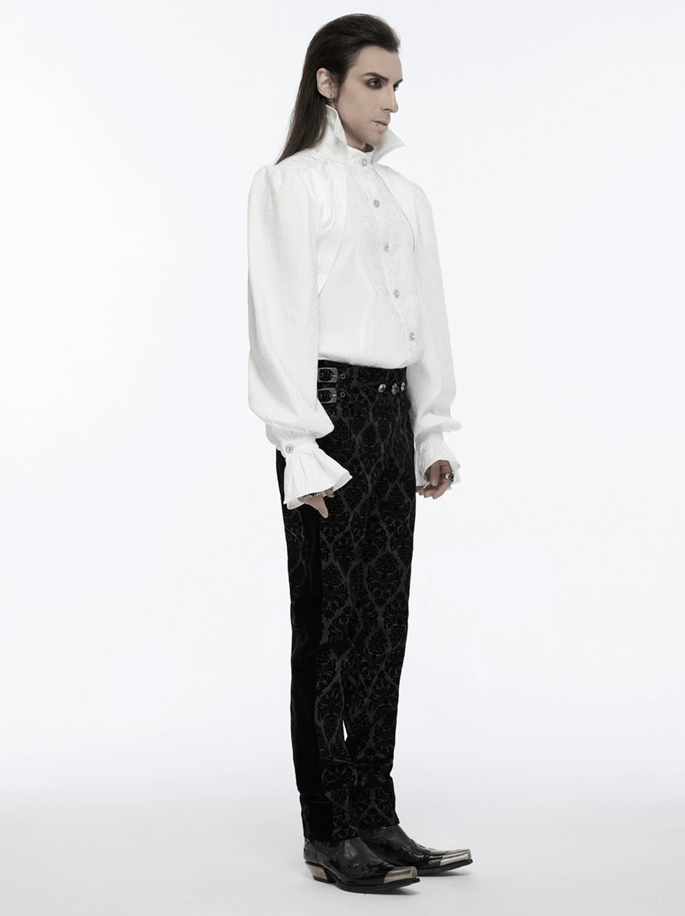 Black velvet damask gothic pants showing waist adjustment mechanism and decorative metal hardware