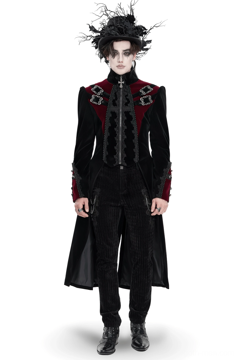 Black velvet gothic tailcoat with ornate lace trim, cross zipper, and burgundy accents shown on male model in studio front view