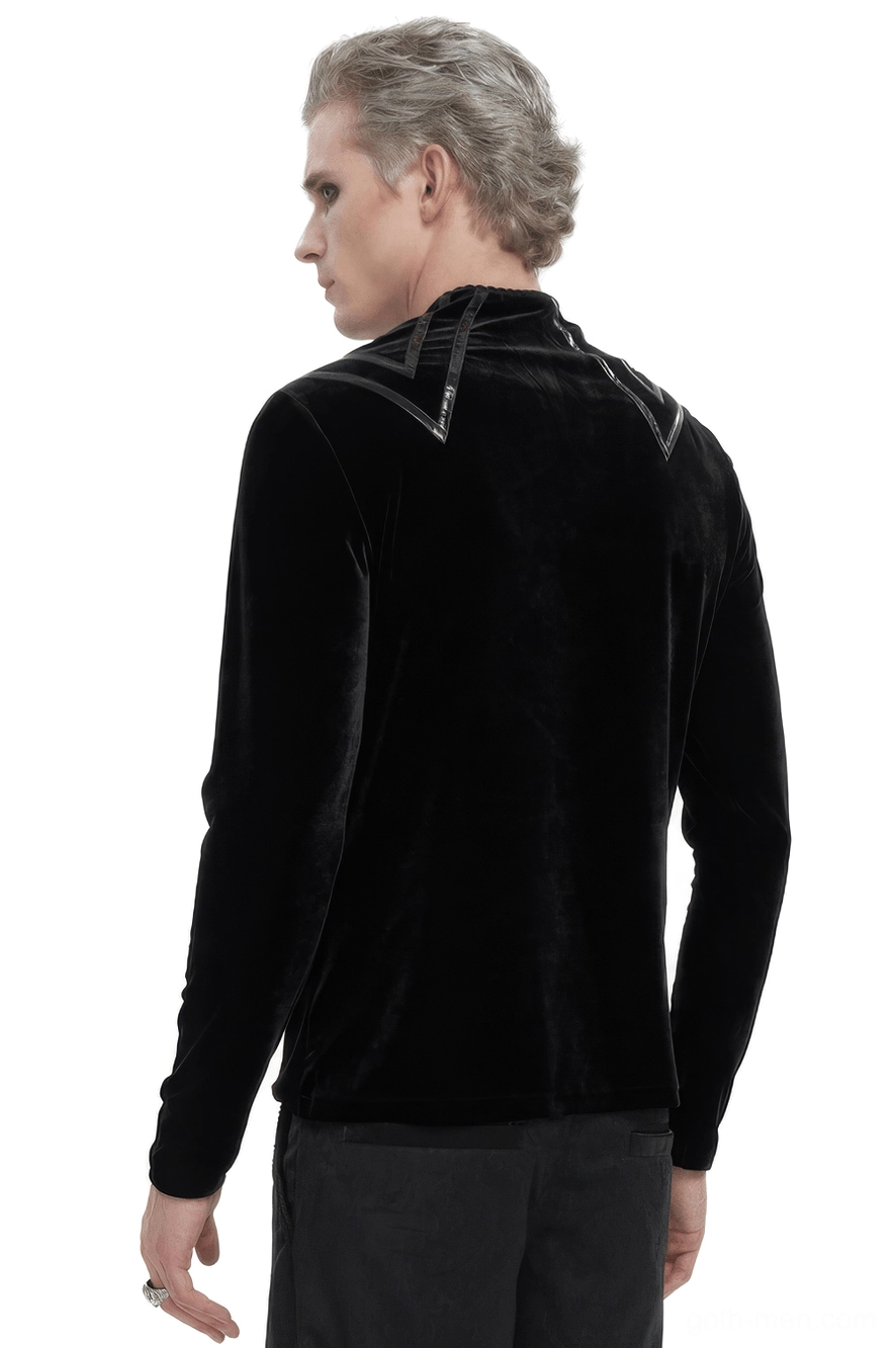 Black velvet gothic top rear full body view displaying shoulder leather chevron accents and back silhouette